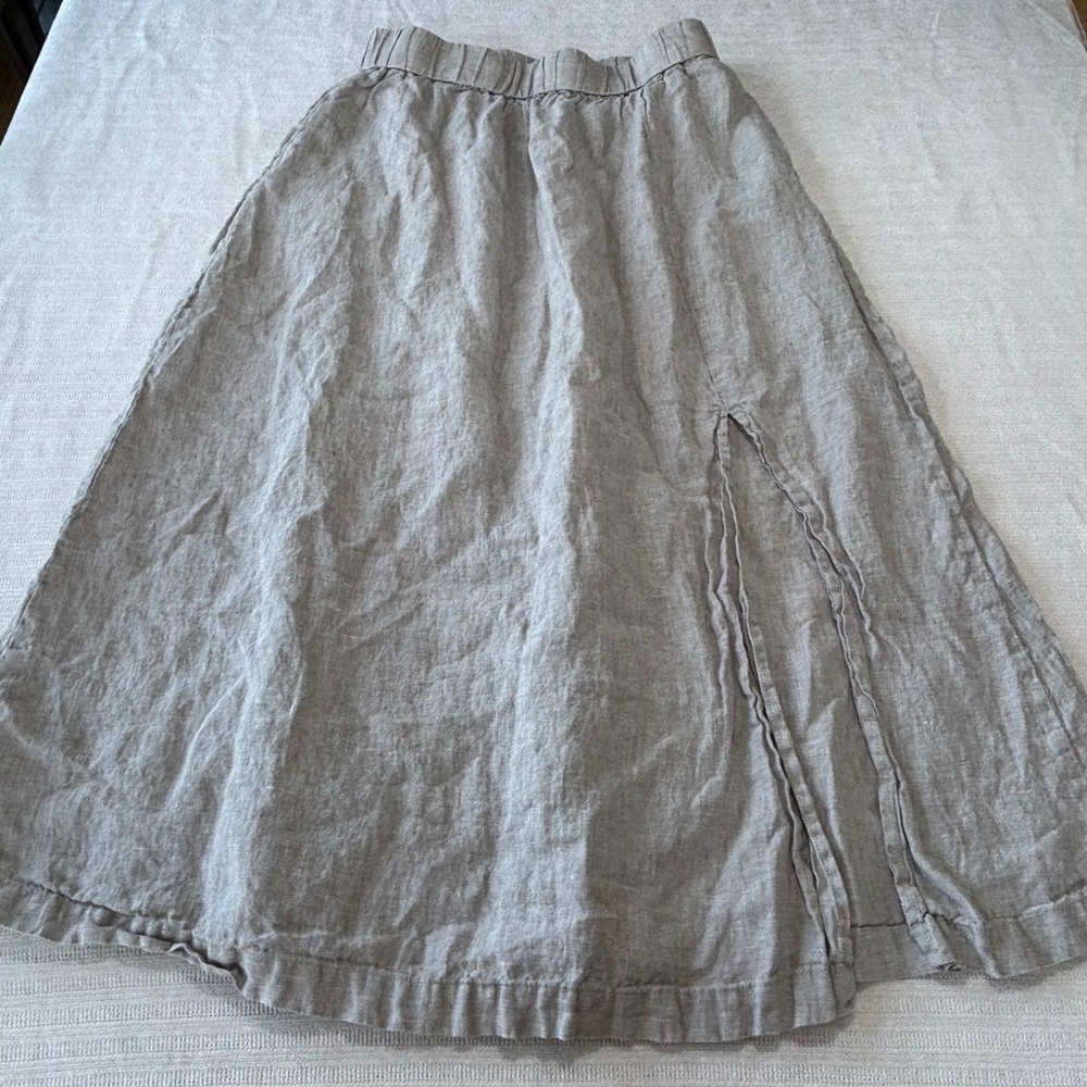 Quince 100% European Linen Maxi Skirt Flax Beige Side Slit Medium